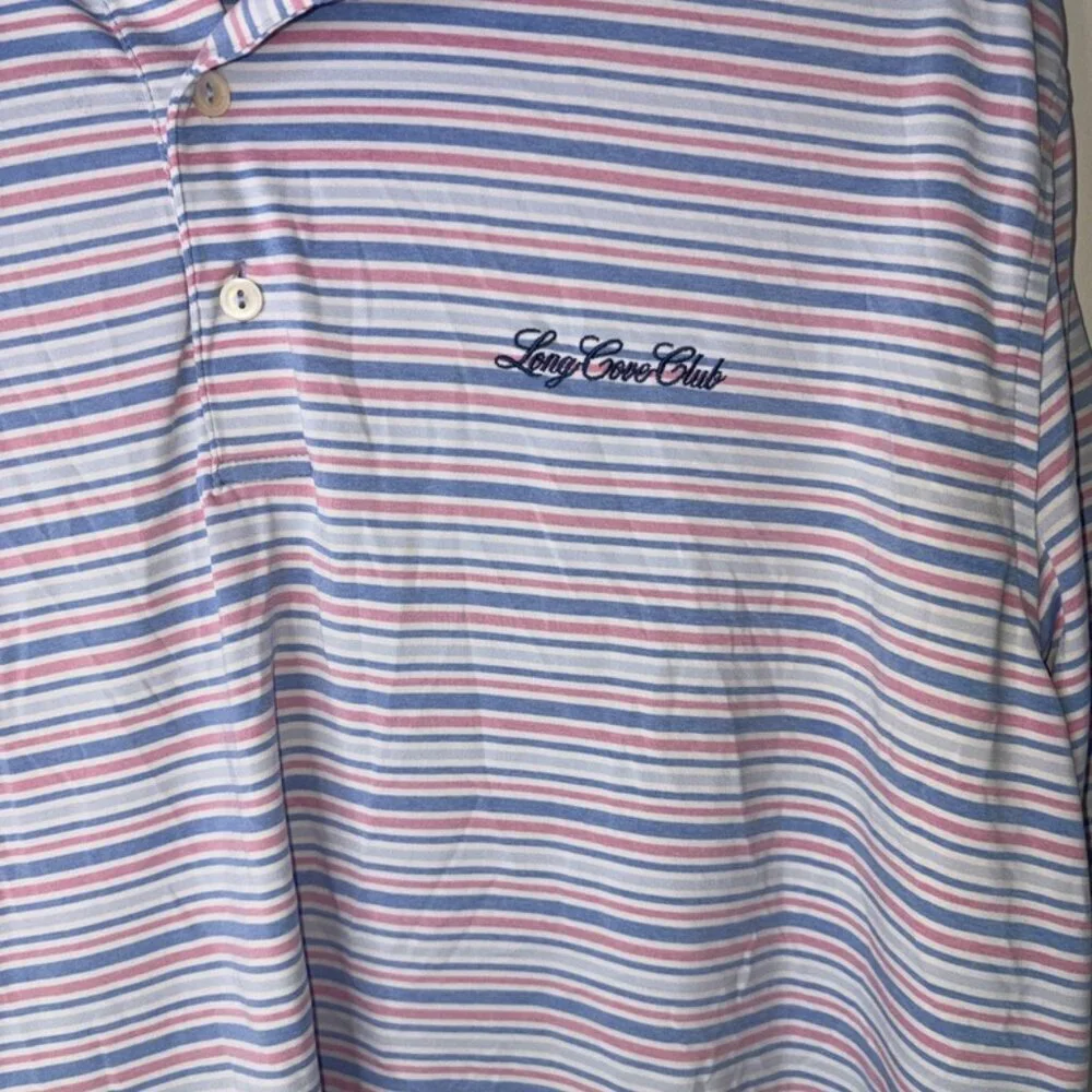 Peter Millar Summer Comfort Blue and Pink Stripe Short Sleeve Polo size Large